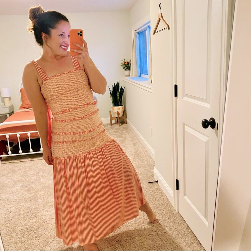 LoveShackFancy Pink Smocked Cotton Striped Maxi Dress XS
